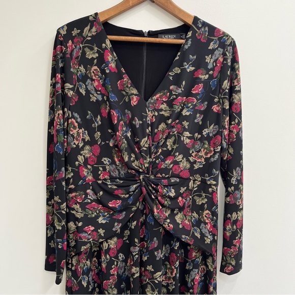 Lauren Ralph Lauren Black Moody Floral Surplice Stretch Jersey Midi Dress 16 - Picture 4 of 15